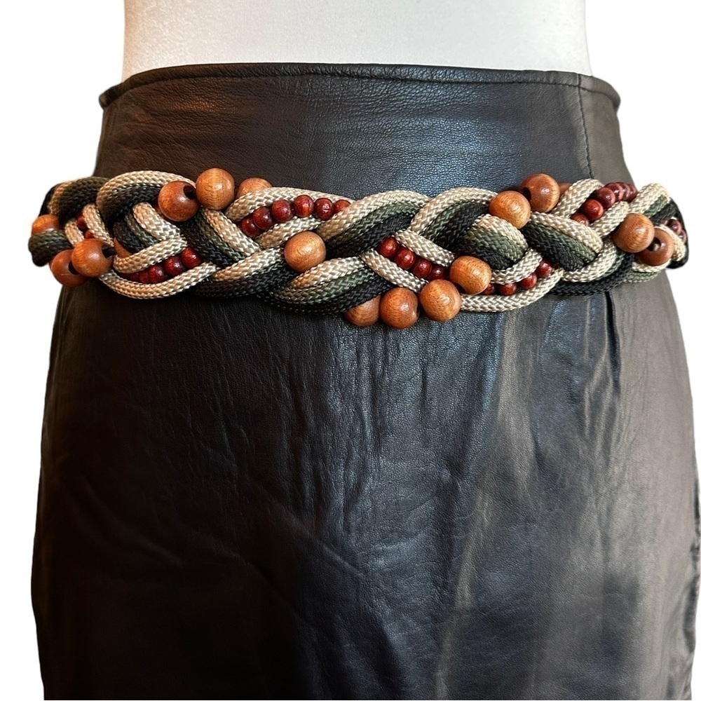 Vintage Multicolor Braided Belt with Wooden Accents
